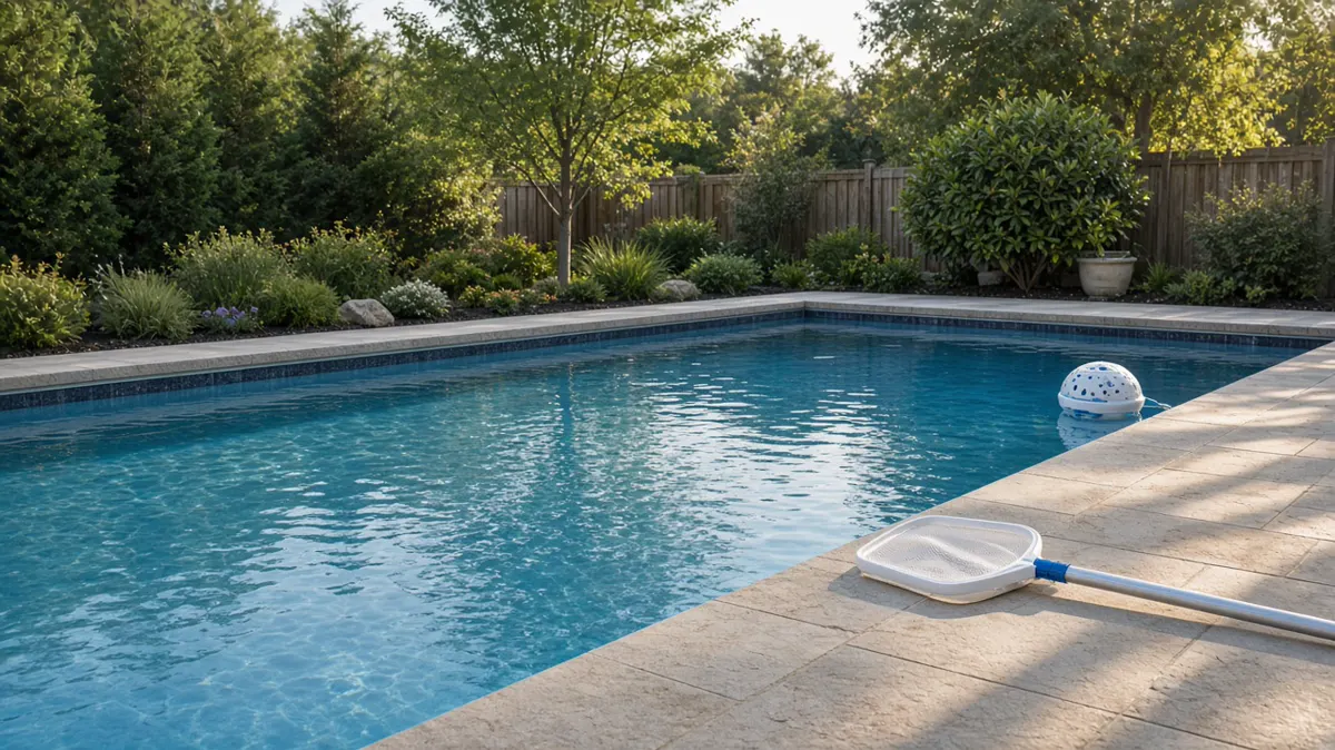 Well-maintained backyard swimming pool with a skimmer net and chemical floater on the water