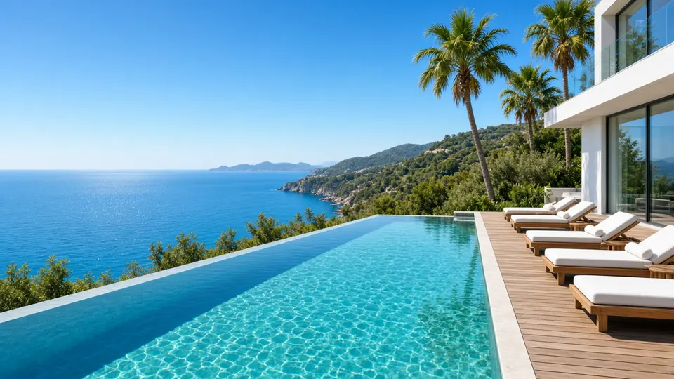 Luxury infinity pool overlooking the sea, with palm trees, hillside and a modern villa with sun loungers on the right