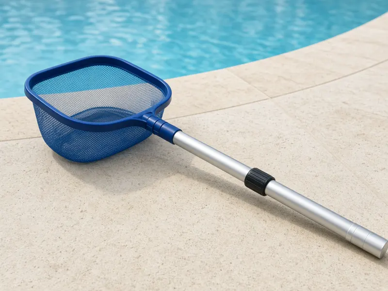 Telescopic aluminium pool net with a deep mesh skimmer head on stone decking