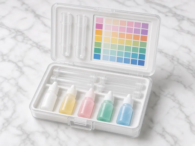 Generic swimming pool water testing kit with reagent bottles and test tubes on a marble surface