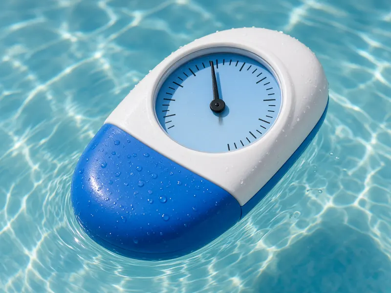 Floating analog swimming pool thermometer on turquoise water
